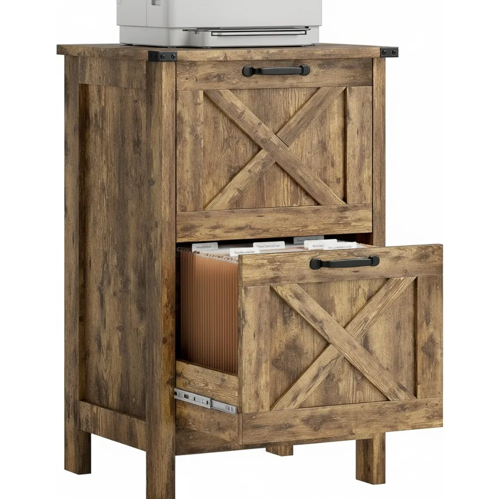 

Шкаф для документов в деревенском стиле с 2 ящиками и бесшумными направляющими, дверцами сарая для формата A4/буквого размера, подставка для принтера для домашнего офиса