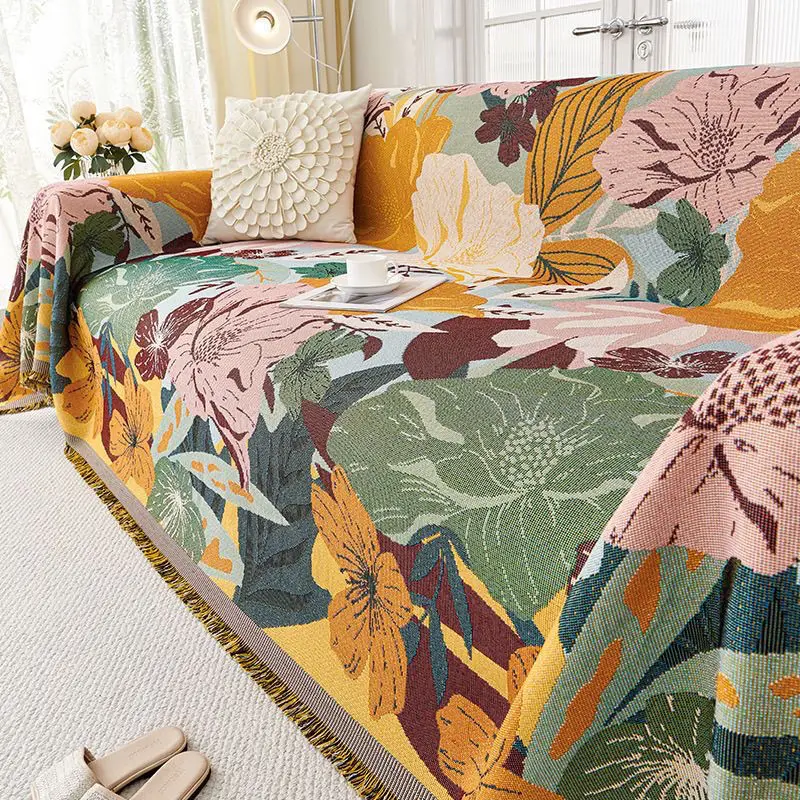 American Pastoral Style Sofa Towel Country Flower Printing Dust-Proof Couch Covers Double Face Usable Cozy Furniture Protector