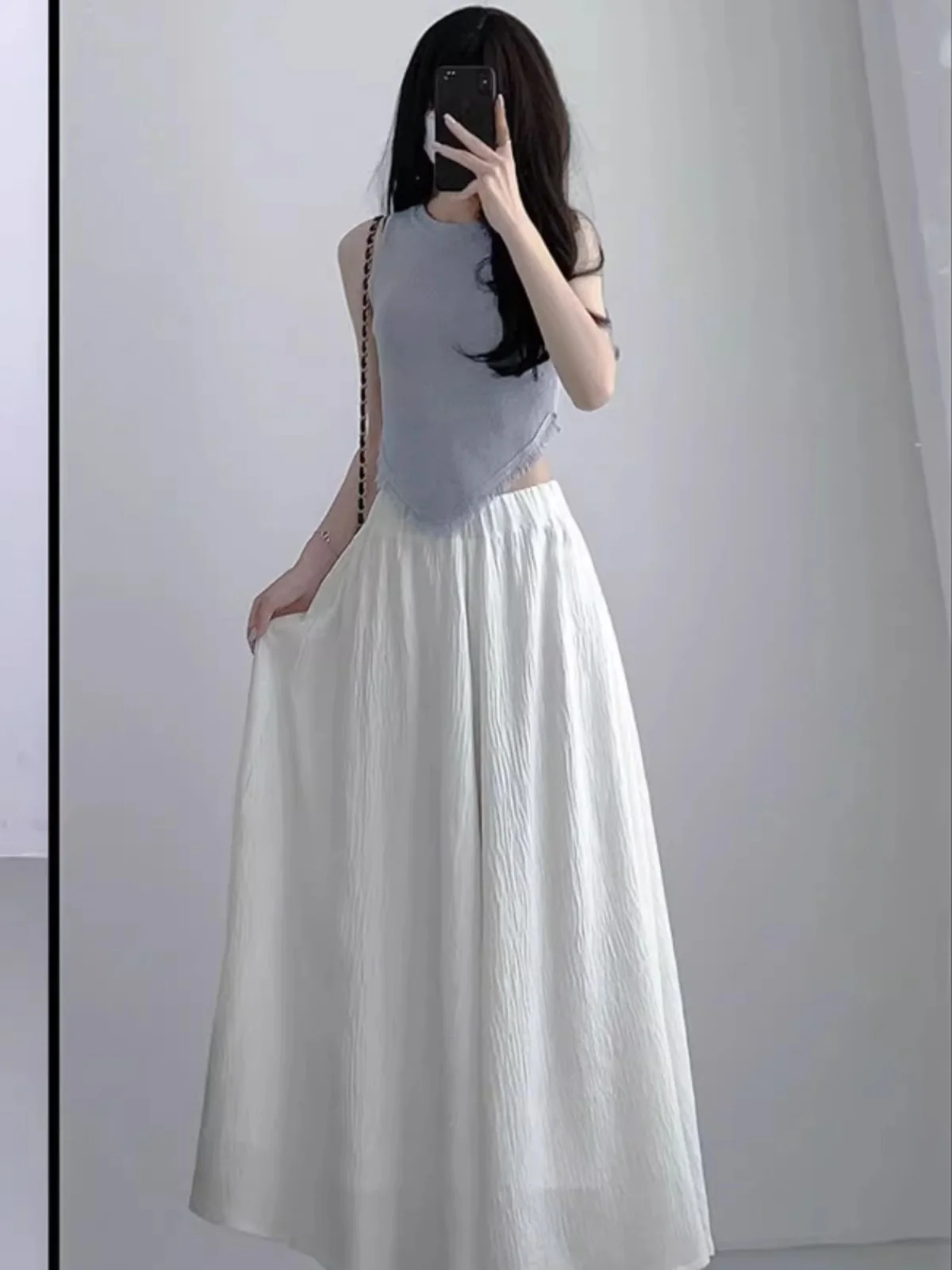 White  Skirt Pants Women Summer Thin Small Size Drifting Pleated A-Line Half Skirt Slim High Waist Drapey Wide Leg Pants