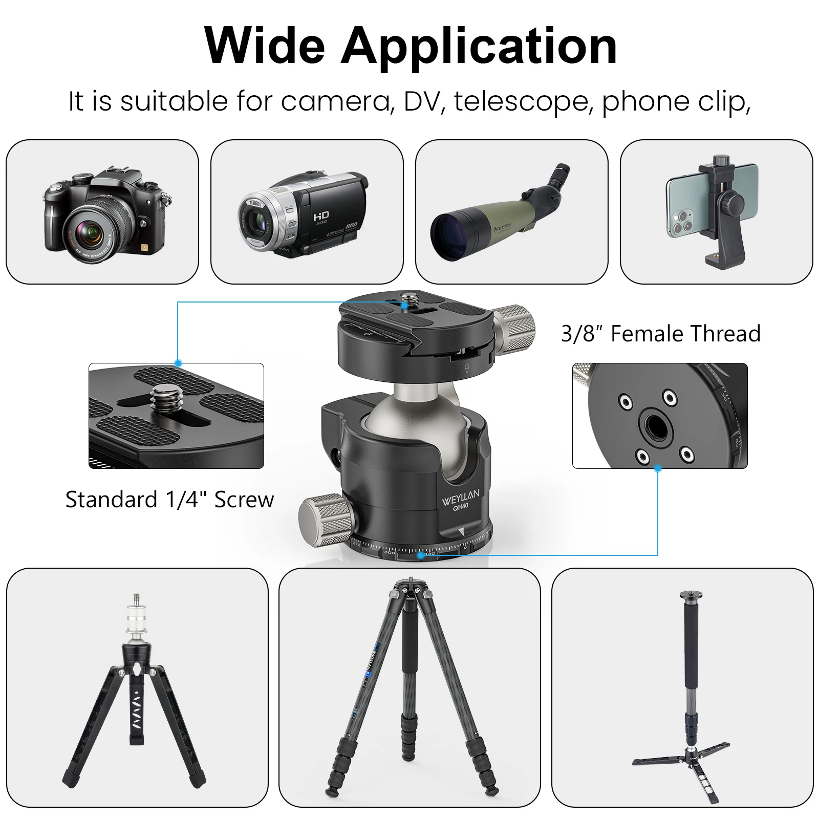 Tripod Head Universal Ballhead Low Profile All Metal Panoramic Monopod Ball Head Mount Quick Release Plate for DSLR Camera QH40