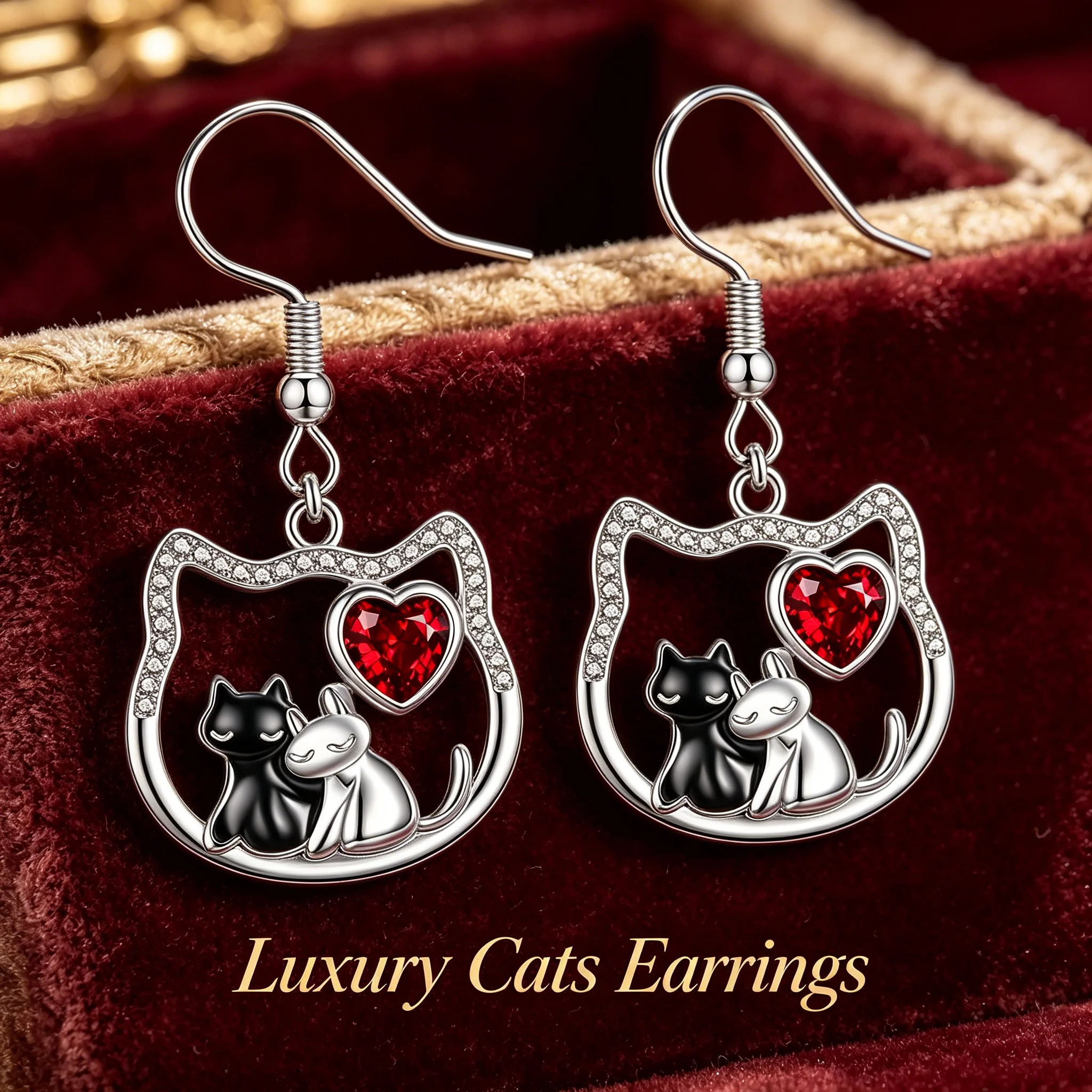 Black White Cat Dangle Earrings Silver Tone Red Heart Accent Pet Jewelry for Women Cat Lovers Gift view 2