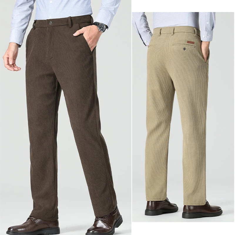 

2026 Men Fashion Business Casual Pants Regular Fit Dress Pants Male Corduroy Commuter Pants