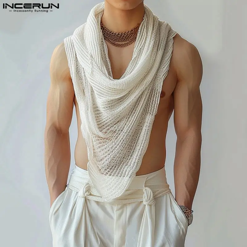 INCERUN Men Irregular Tank Tops Solid Color Turtleneck Sleeveless Transparent Vests Summer Streetwear 2024 Fashion Men Clothing