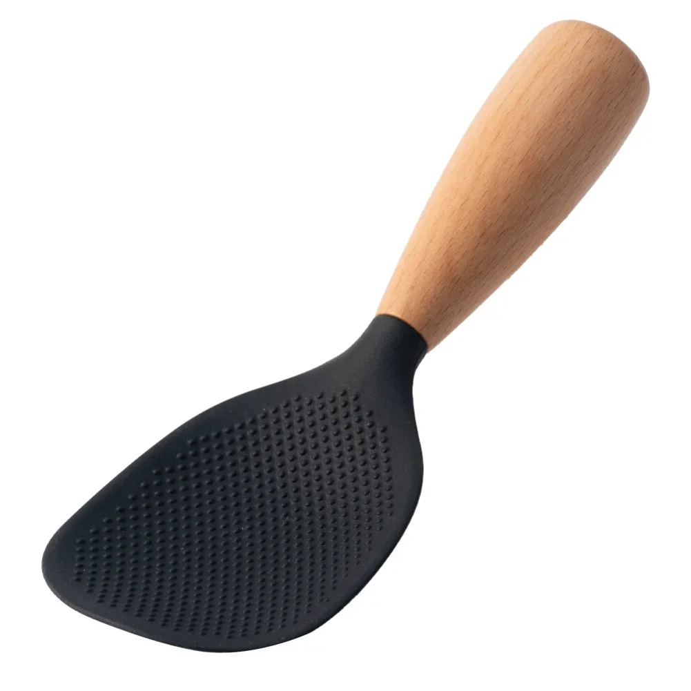 Heat Resistant Silicone Rice Spoon With Wooden Handle Designed For Easy Grip And Safe Use On Nonstick Cookware