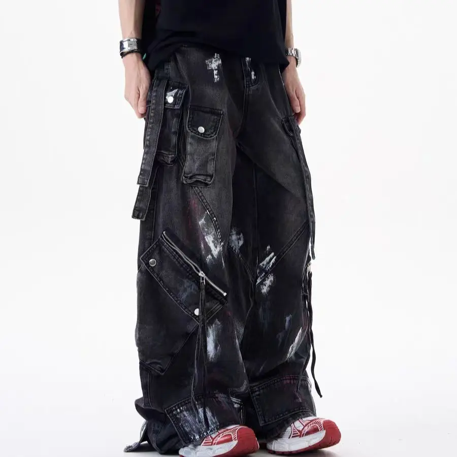 

American Heavy Industry Graffiti Spray-Painted Multi-Pocket Jeans For Men And Women 2000s Classic Vintage Hip-Hop Wide-Leg Pants
