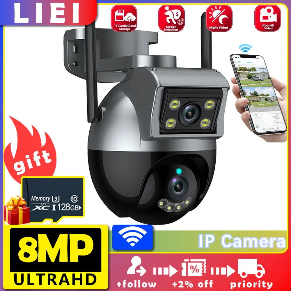 

LIEI 8MP UHD WIFI Dual Lens Surveillance Camera Wireless Outdoor Security PTZ IP 360 Cameras AI Human Detect Digital CCTV Camera