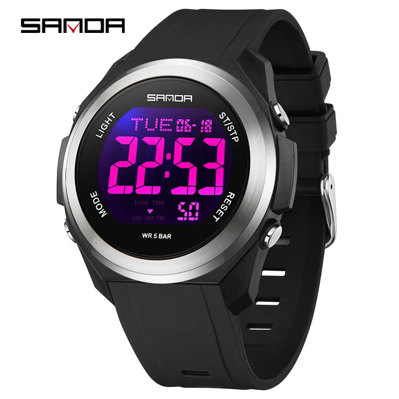 SANDA Cool ผู้ชายและผู้หญิงนาฬิกาอิเล็กทรอนิกส์ที่มีสีสัน Night Light กันน้ํานับถอยหลัง/นาฬิกาจับเวลา/นาฬิกาปลุกนาฬิกานักเรียน