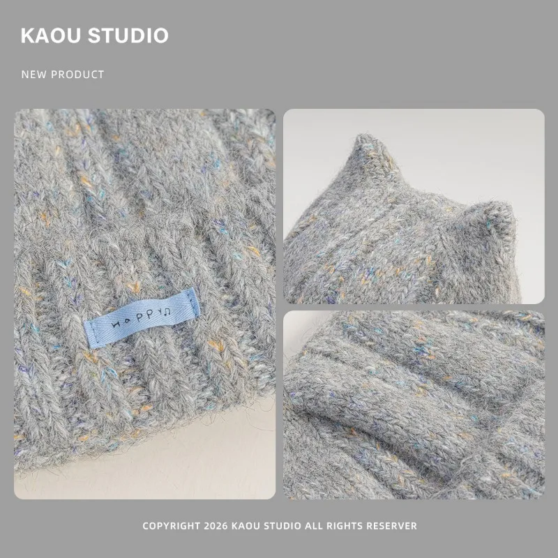 Koreanische Süße Strickmütze für Damen, Herbst und Winter, Warm, Mehrfarbig, Niedliche Katzenohren, Vielseitig Einsetzbar, Ohrenschutz für Radfahrer, Beanie-Mützen – Detail 9
