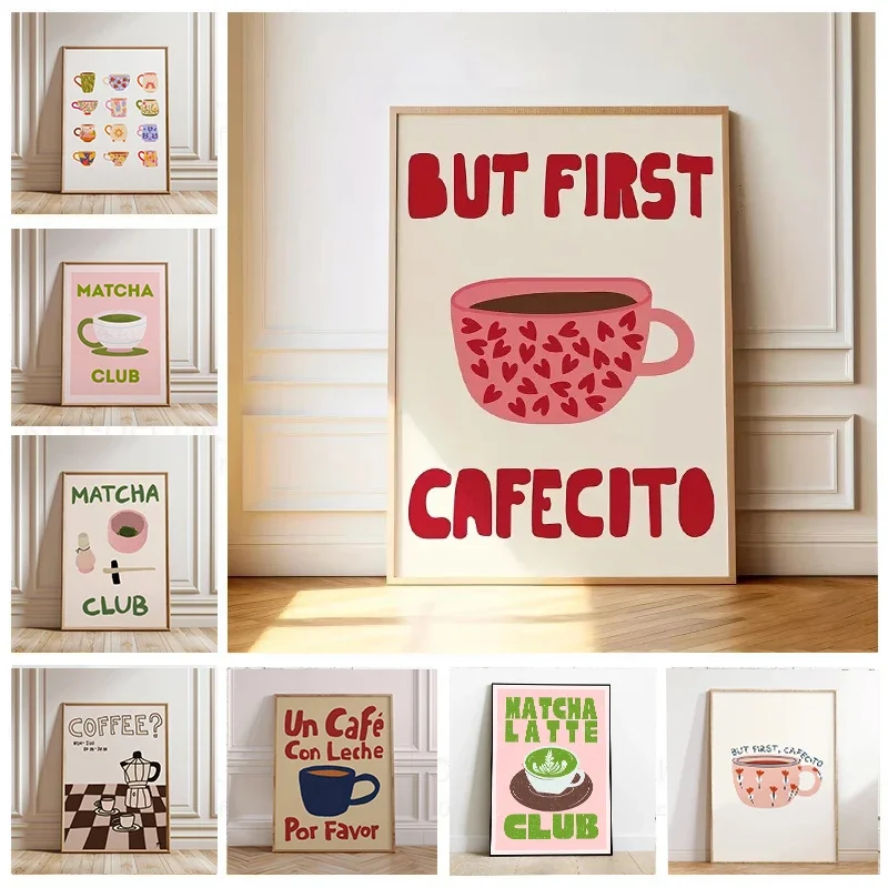 But First Cafecito-Zitat, Leinwanddruck, minimalistisches Matcha-Club, spanisches Wandkunst-Poster für moderne Wohnzimmer, Café, Heimdekoration