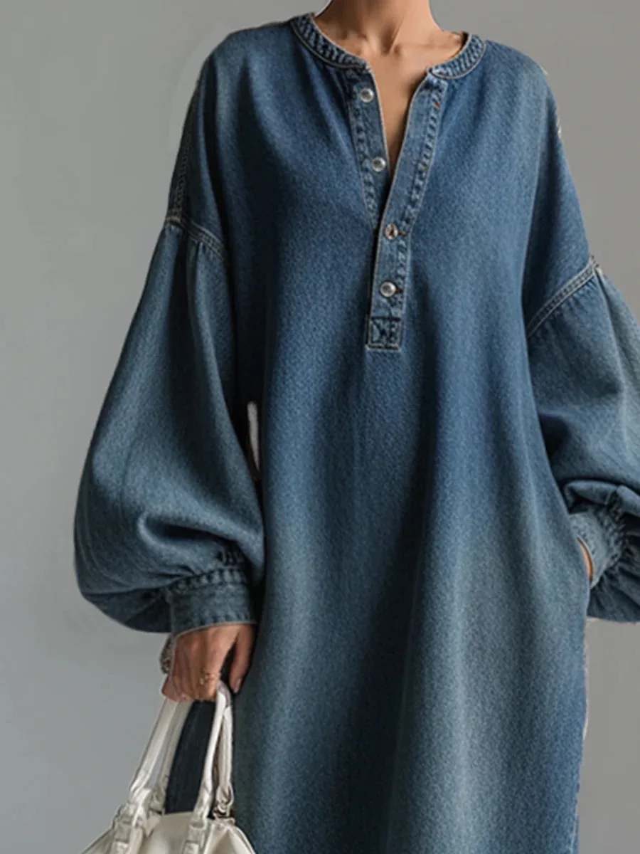 Chic Casual Vintage Denim Dress Loose Long Sleeve Big Pockets Single-breasted V Neck Robes Lantern Sleeve Maxi Dress Vestidos - Image 2
