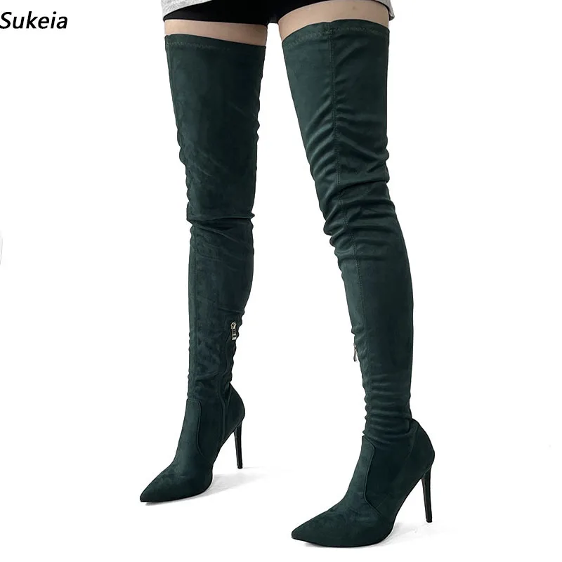 Sukeia Handmade Women Spring Thigh Boots Side Zipper Sexy Thin Heels Pointed Toe Dark Green Cosplay Shoes Ladies US Size 5-15