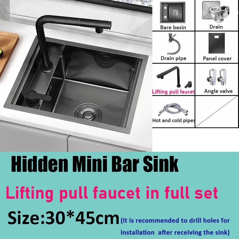 Hidden Bar Island Kitchen Sink Nanometer SUS 304 Flip Cover Hidden Handmade Small Size Kitchen Sinks With Cup Rinser