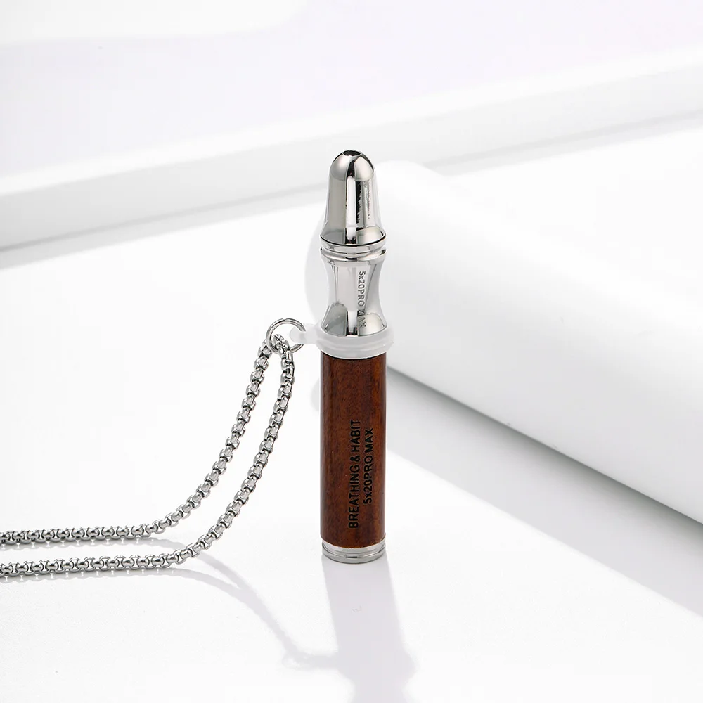 Anxiety Relief Breathe Necklace Natural Wooden Stainless Steel Quit Vaping Tools Mindfulness Meditation Pendant