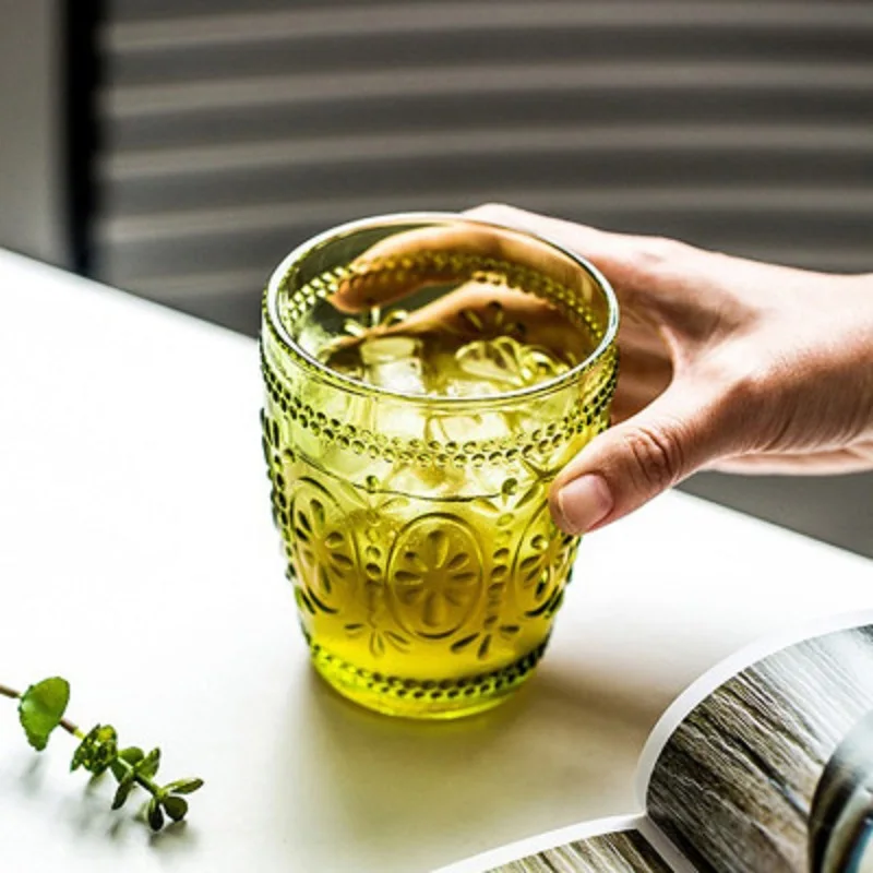 Embossed Vintage Stemless Glass Tumbler Cup, Wine Water and Juice