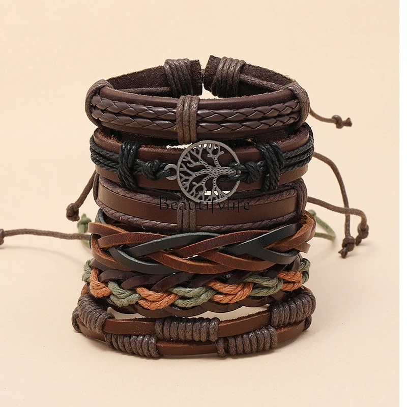 Six-Piece Men's Fashion Bracelet European and American Leather Rope Braided Leather Bracelet Suit