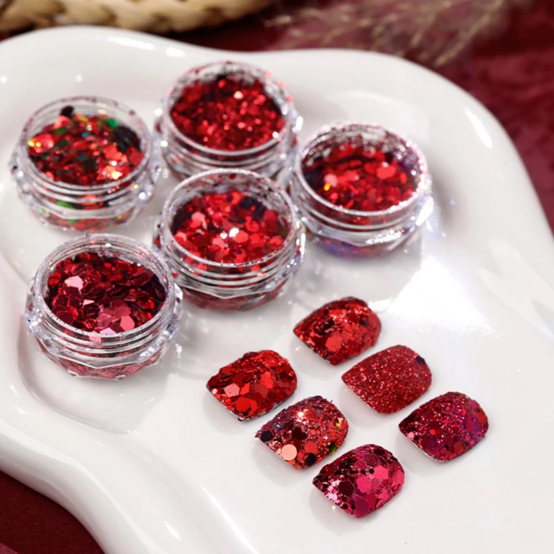 Nail Art Glitter Paillettes Cristallo rosso Diamante Polvere per unghie 3D Olografica Nail Art Polvere Scaglie lucide Pigmento Decorazione per manicure