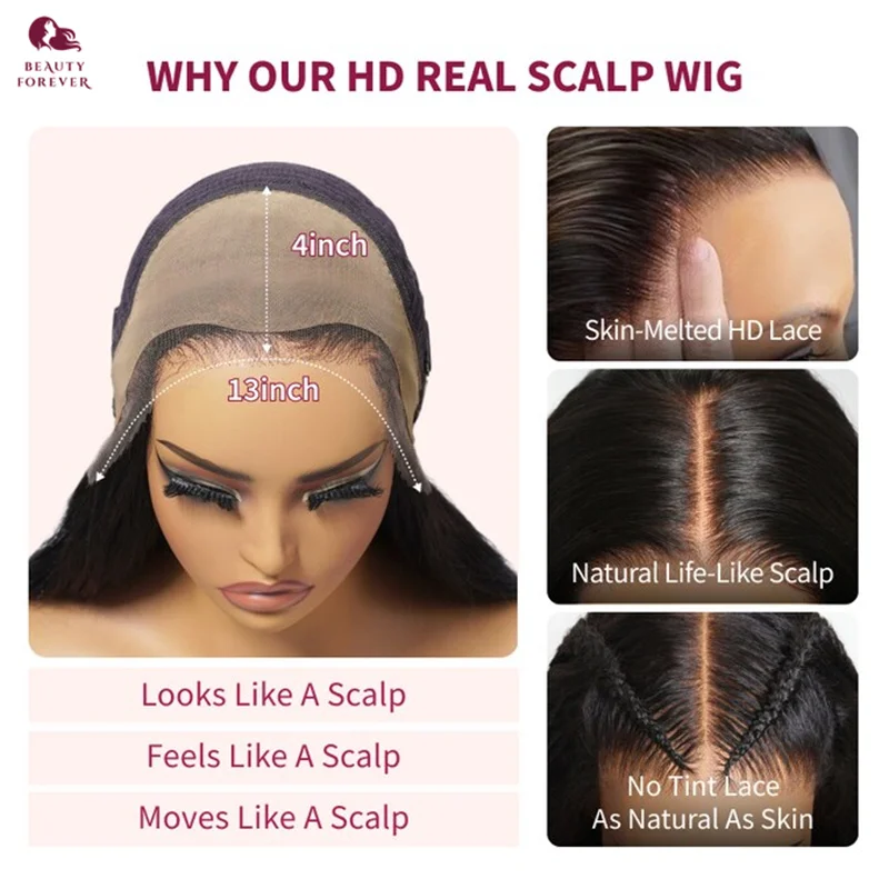 Beautyforever HD فروة الرأس الحقيقية ™ شعر مستعار 13x4 الجلد الدانتيل أمامي فضفاض موجة الستار الانفجارات باروكة من شعر طبيعي مع الرباط Invisi #5
