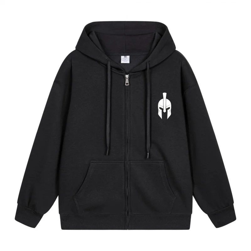 

Men's Zip-Up Hoodie White Spartan Helmet On Black 2025 New Style Casual Couples’ Style Casual and Loose