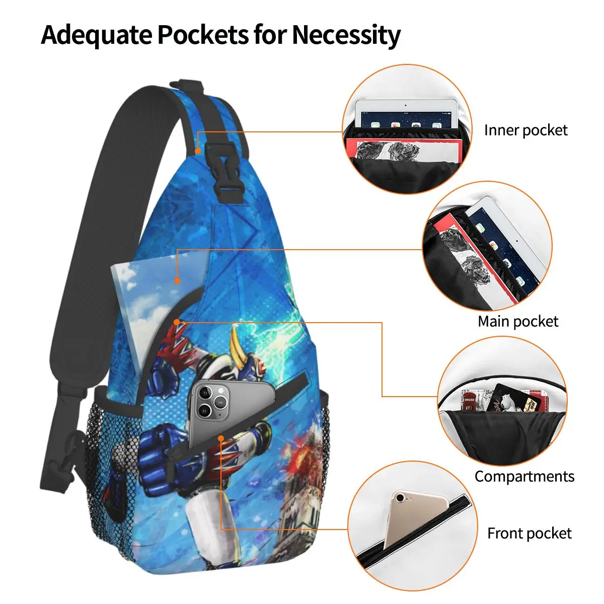 Grendizer Lucca Sling Bag Chest Crossbody Shoulder Backpack Outdoor Hiking Daypacks Mazinger Goldrake Printed Bags