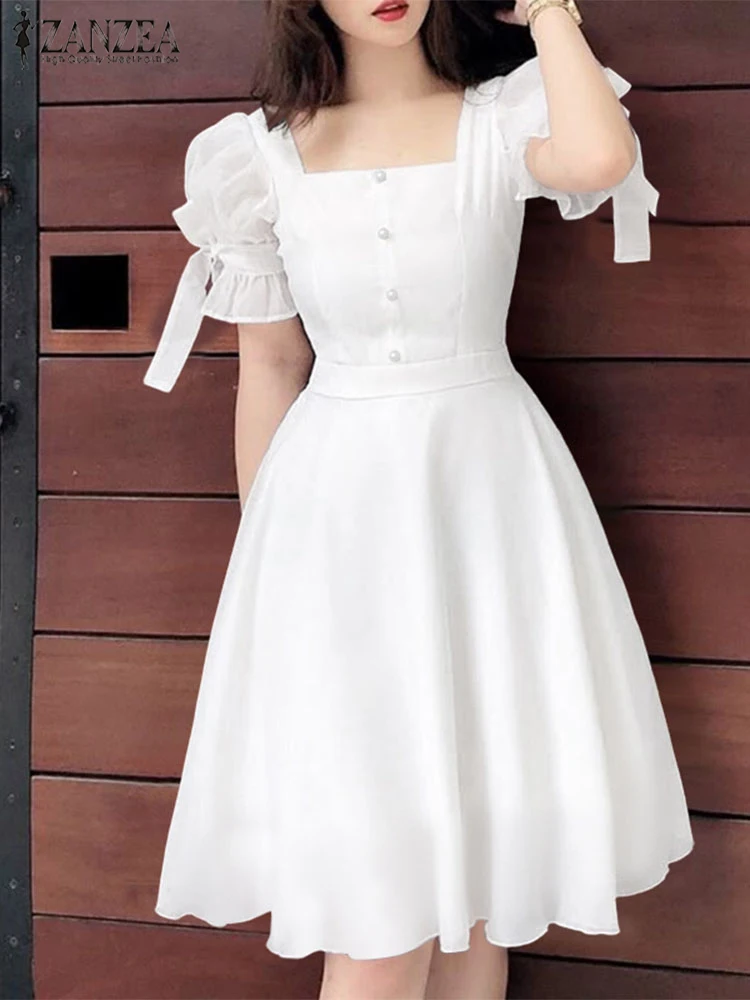 ZANZEA Women Party Dress Summer Short Sleeve High Waist A-Line Knee-length Sundress Sexy Square Collar Solid Casual Beach Robe