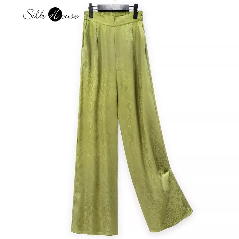 

Design Style 100% Natural Mulberry Silk Different Kinds of Silk Flat Waist Women's Fashionable Green Jacquard Wide Leg Pants