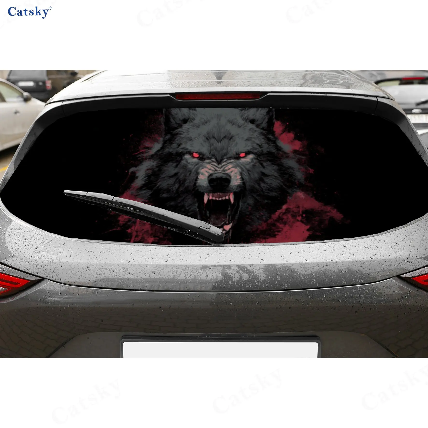 

Fierce Red-Eyed Black Wolf Dark Power PVC Perforated Car Vinyl Wraps, Durable Car Rear Windshield Sticker, Waterproof Car Rear W