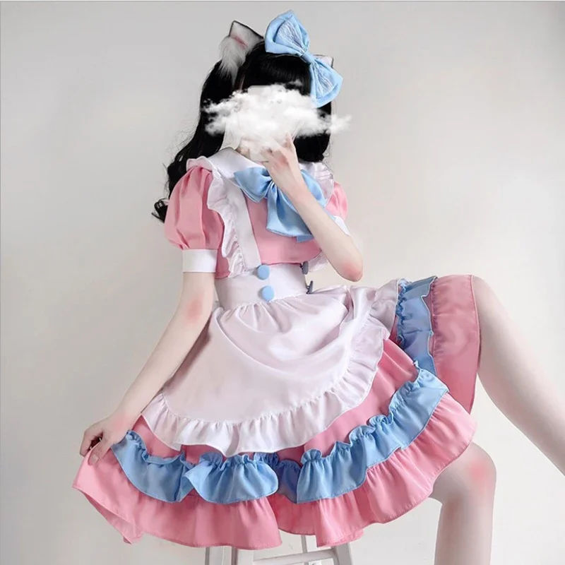 Japońska słodka sukienka pokojówki Lolita kobiety strój pokojówki śliczny różowy niebieski fartuch sukienka impreza z okazji Halloween dziewczyny kawaii anime przebranie na karnawał