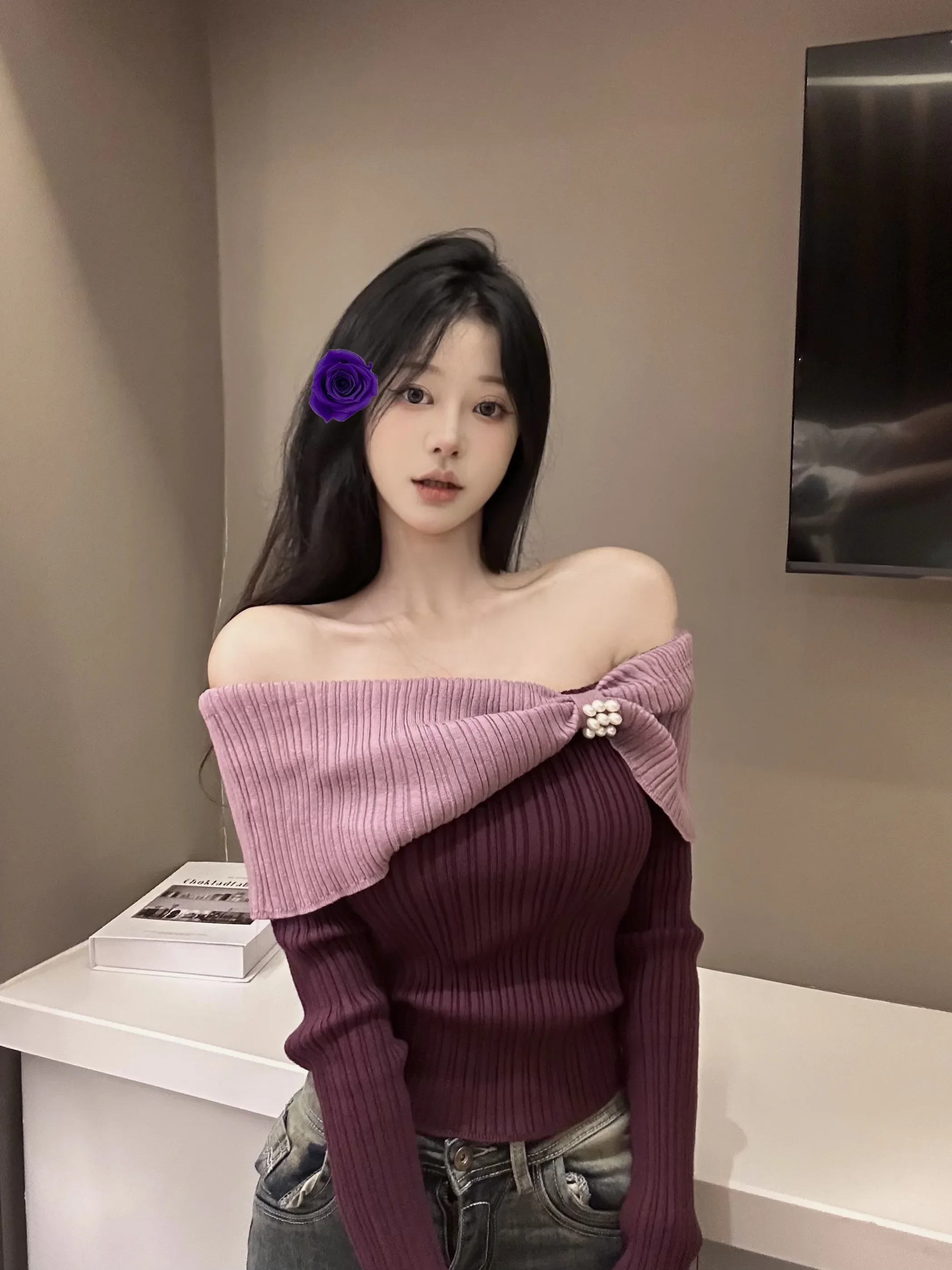 KUSAHIKI Hit Color Off Shoulder Sexy Strapless Long Sleeve Slim Knitwear Tops 2023 Autumn Winter Bottoming Knitted Sweater Mujer