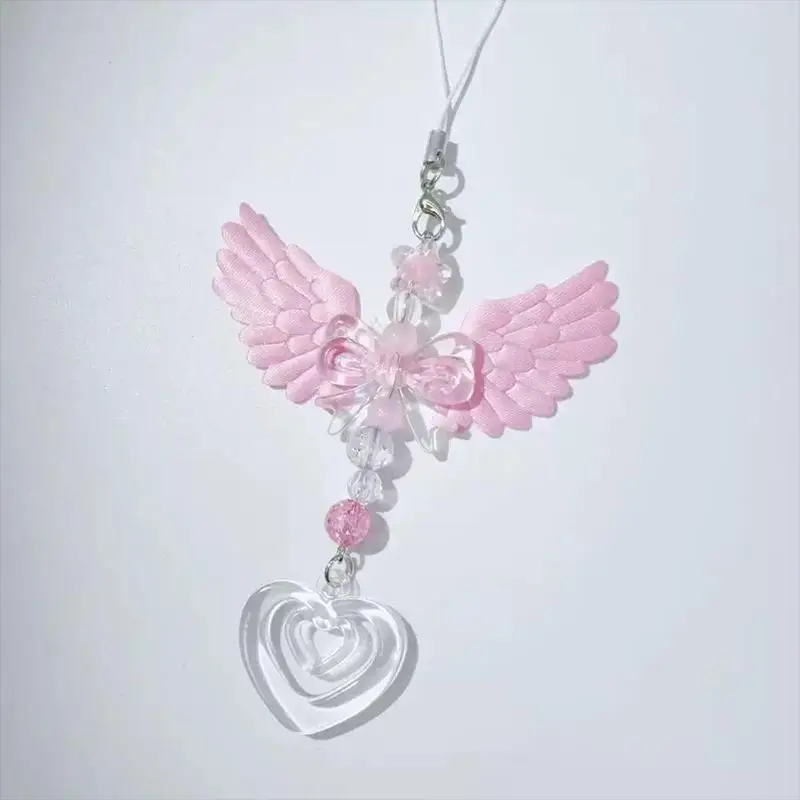 Modischer, lieblicher Anhänger mit Flügeln, Schleife und Herz für Mobiltelefone, süßer Schlüsselanhänger, Accessoire für Damenhandtaschen, Geschenk. – Detail 3