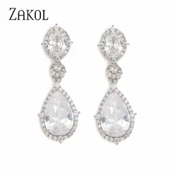 ZAKOL Shinny Water Drop Cubic Zirconia Dangle Earrings for Women Exquisite Crystal Bridal Wedding Jewerly EP2034