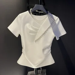 T-shirt a maniche corte con colletto diagonale diamantato Y2k Ropa Mujer cotone bianco Grunge vestiti Camisetas magliette grafiche