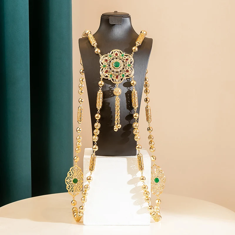 Luxury Moroccan Gold Color Bride Body Jewelery  Long Necklace Wedding Kaftan Back Crystal Shoulder Chain Jewelery