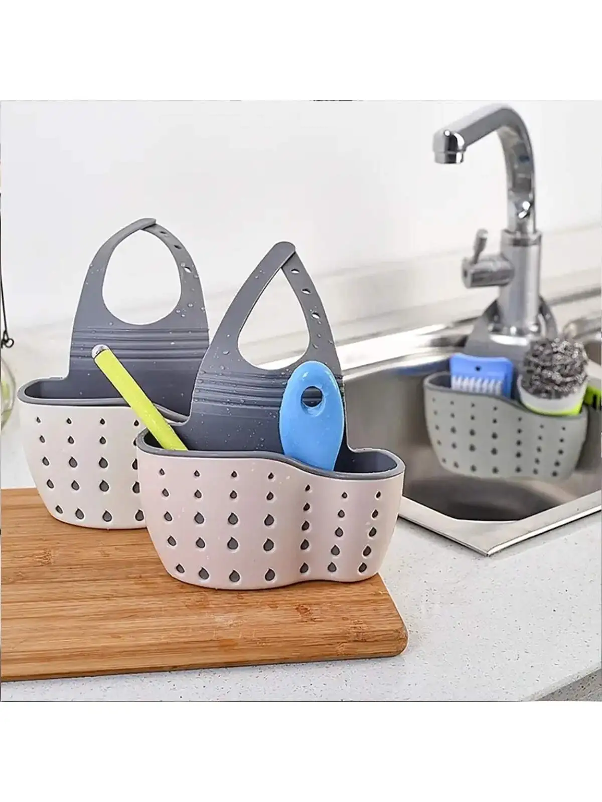 1pc Sink Sponge Holder, Silicone Organizer Box, Adjustable Shoulder Strap Drain Rack, Kitchen Sink Suction Sponge Holder, Faucet