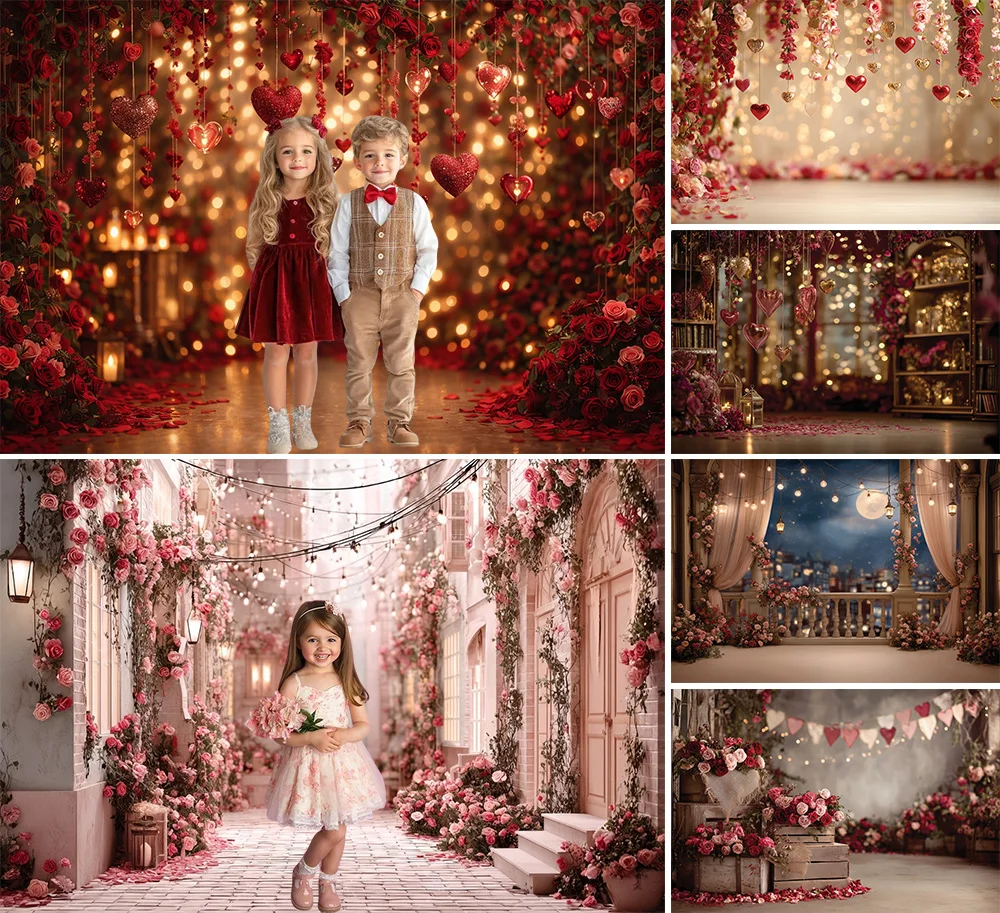 

Романтический фон для фотосъемки на День святого Валентина: блестящие красные цветы, сердце любви, портрет девушки на день рождения, декор для фотостудии