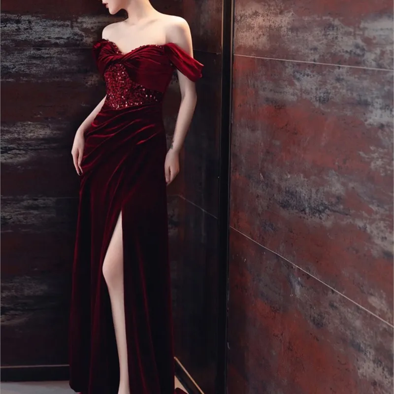 off-Shoulder Toast Clothing Wine Red Velvet Light Luxury Dress Female Banquet Host