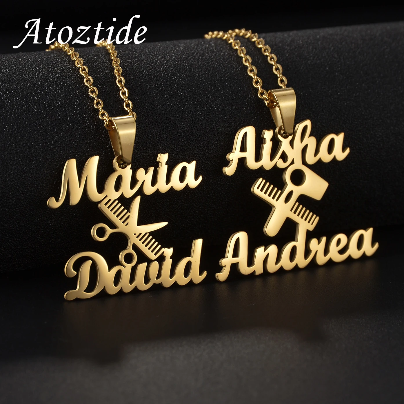 Atoztide Customized Name Comb Scissors Dryer Necklace Pendant Gold Color Stainless Steel Chain Jewelry for Women Birthday Gifts