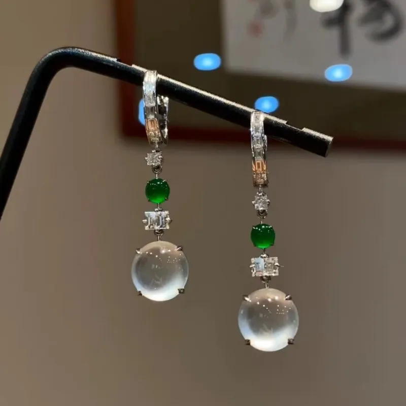 Simple natural ice-clear chalcedony round earrings for women light luxury new in classic Chinese style earring banquet jewelry