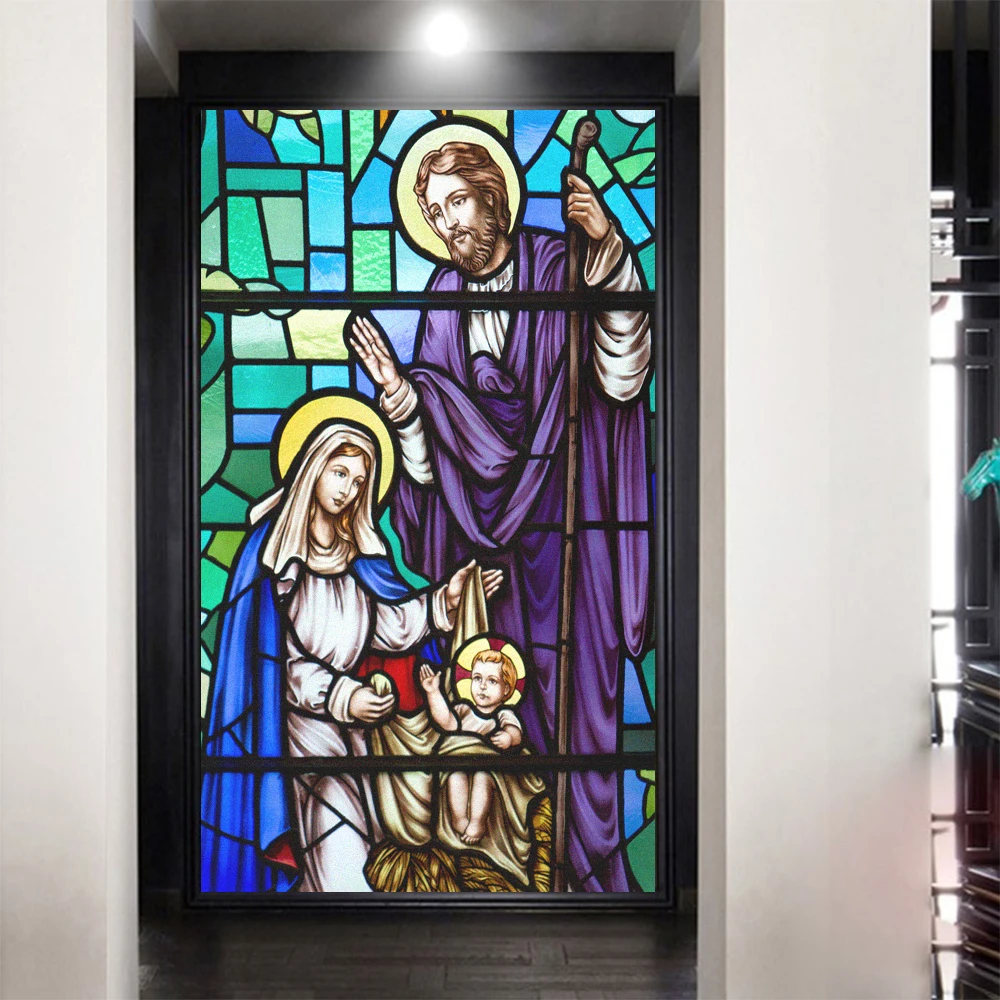 

Privacy Window Film Anti UV Stained Glass Window Frosted Sticker Church Style Pattern Glue-Free Static Cling Glass Door Film