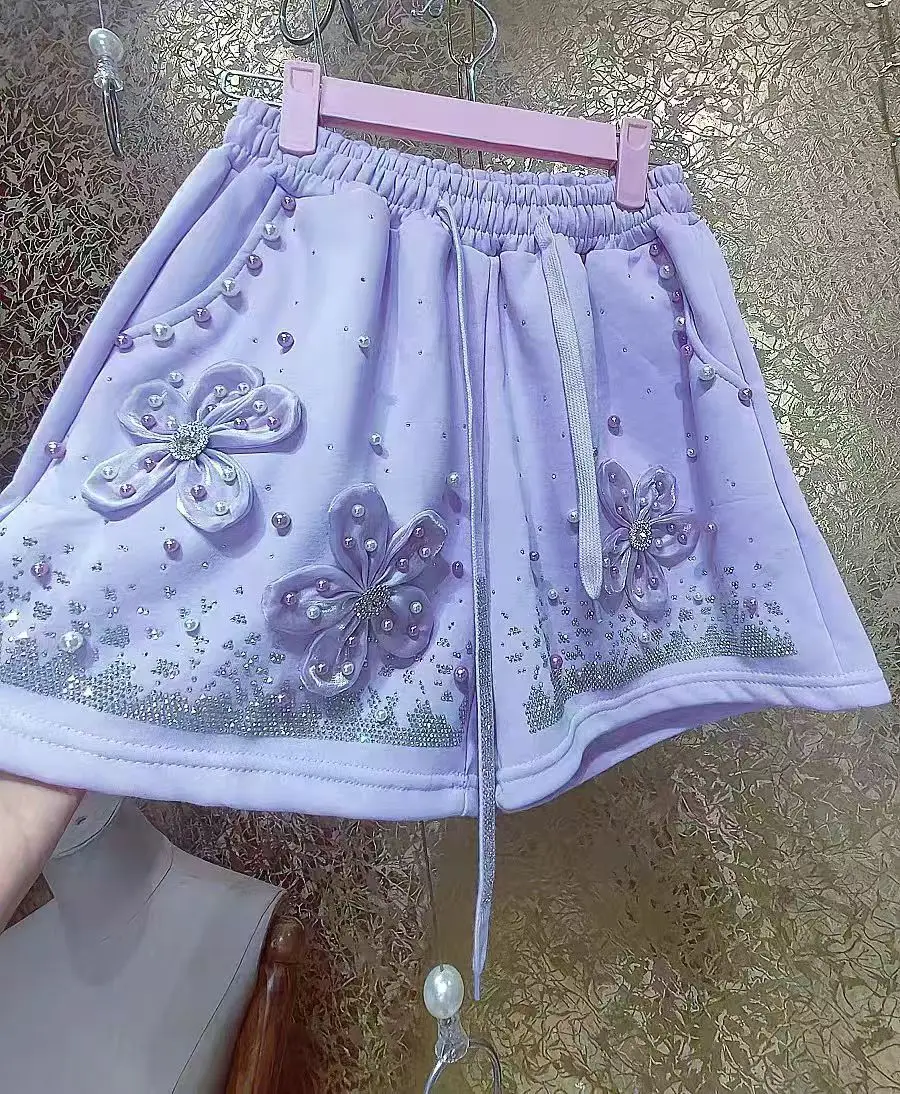 New In Embroidered Flares Shorts For Women Pantalones Cortos Y2K Crystal Hot Drilling Short Pants