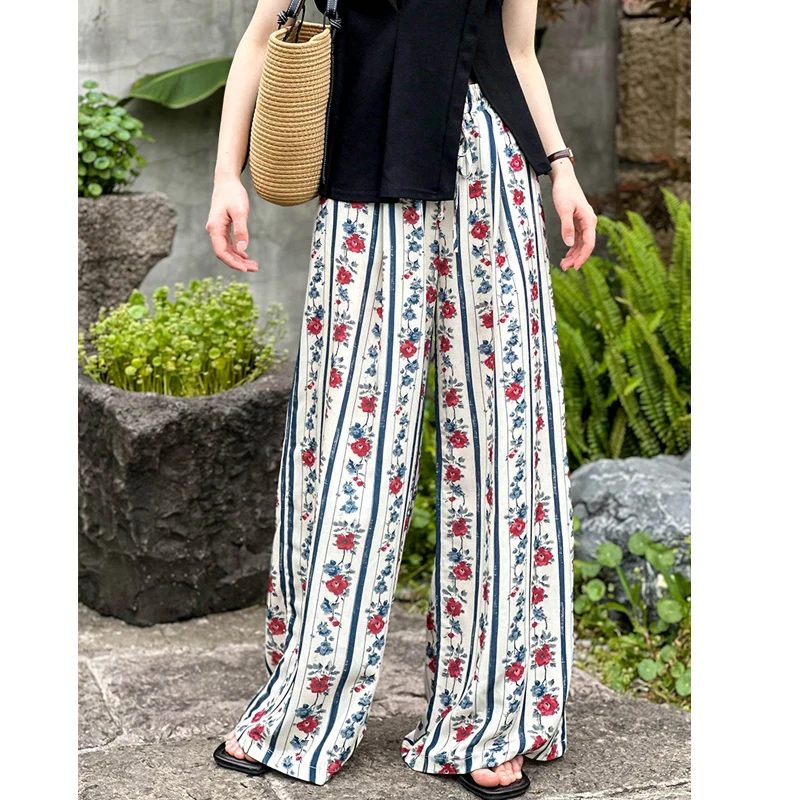 2024 Women Wide Leg Long Pants High Waist Stretch Floral Print Vintage Boho Pants Femme Faldas Jupe Saia Summer Clothes