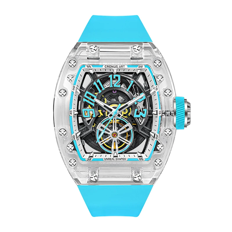 CRONUSART Men Automatic Watch 50mm Tonneau Mechanical Wristwatch Acrylic Case Skeleton Semi-circular Luminous Skeleton Dial