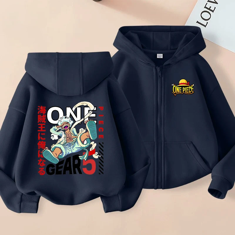 

One Pieces Luffy Zoro Coat Kids Spring Autumn Cartoon Print Zipper Hoodie Long Sleeved Hooded Sweatshirt Casual Top Boys Girls