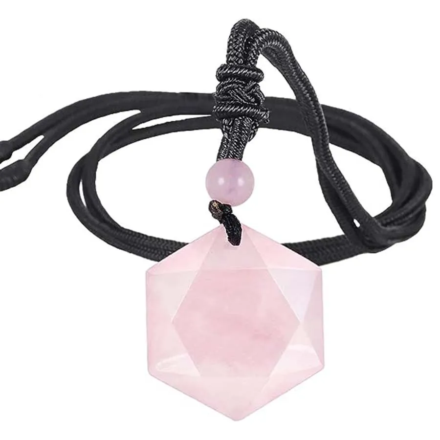 Crystal Necklace Natural Gem Stone Hexagram Amethyst Rose Quartz Reiki Star David Agate Pendant Braided Rope Adjustable Necklace