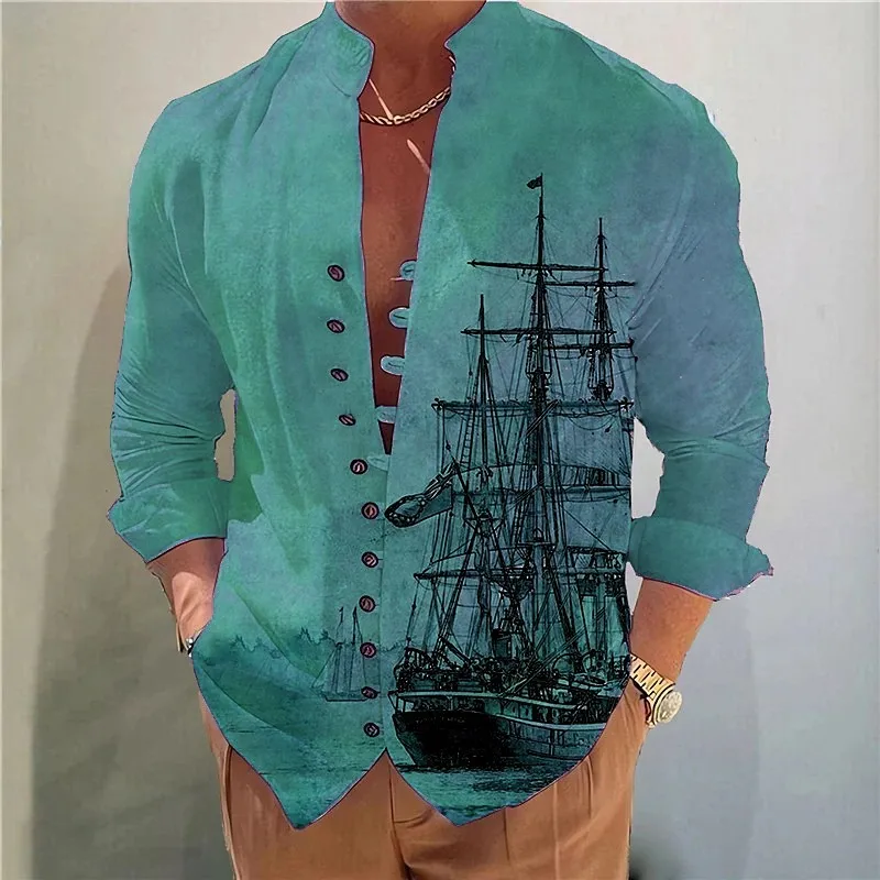 2024 Autumn/winter New Fashion Men\'s Sailing Print Business Slim Casual Shirt Long Sleeve Shirt