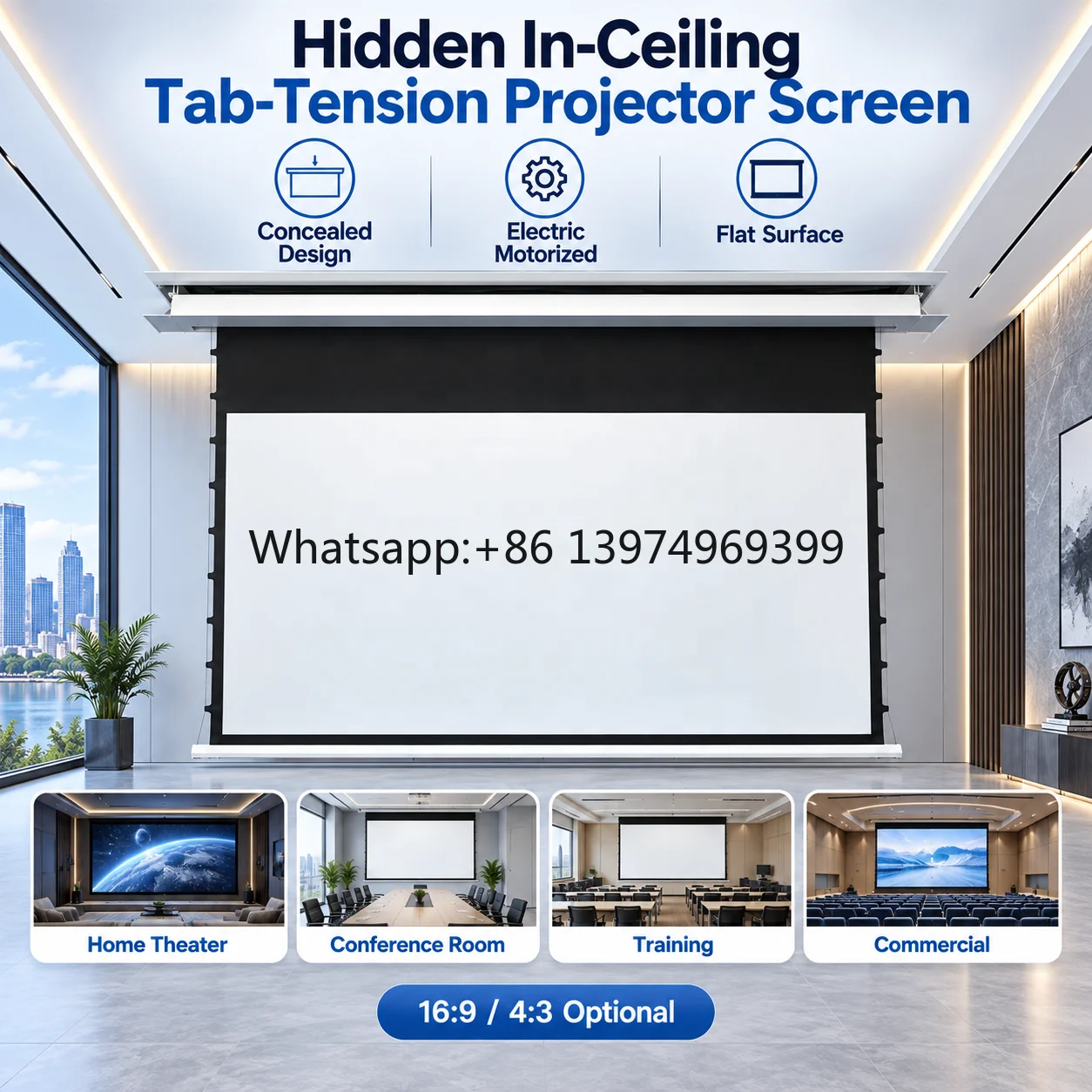 100 Inch Hidden in Ceiling Projector Screen Electric Retractable Tab Tension Screen for Luxury Home Theater System