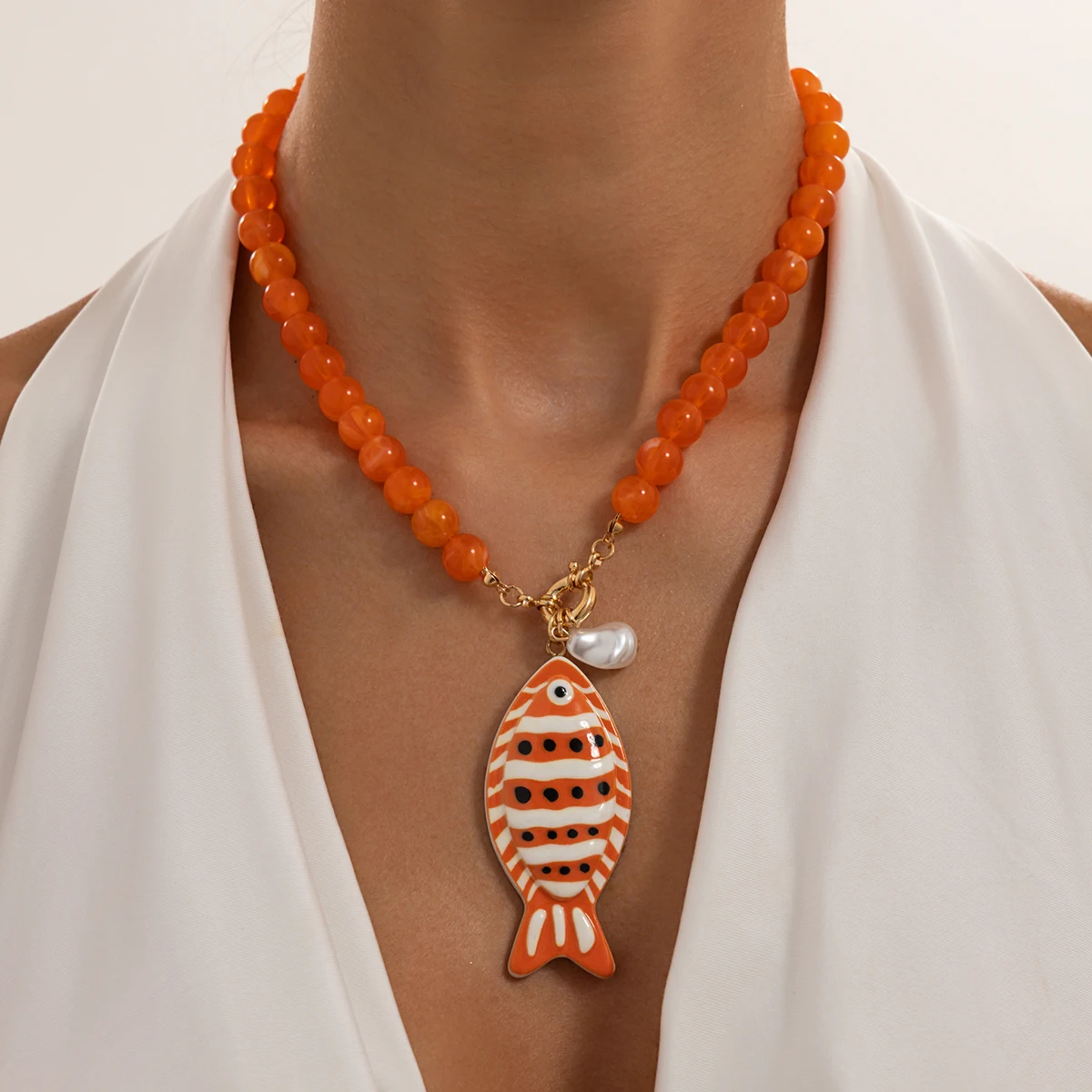 KunJoe Bohemian 5 Colors Creative Fashion Spotted Fish Pendant Necklace for Women Charm Acrylic Colored Beaded Chain Y2K Jewelry