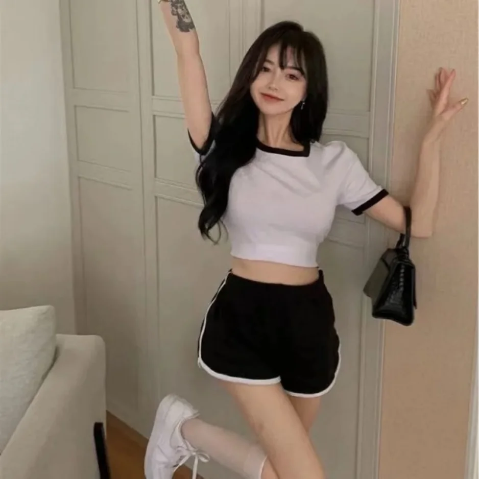 

Summer Color Block Short Sleeve T-Shirt Crop Top Set Casual Sporty Style Women's Fashion Two-Piece Outfit Polyester Fabric
