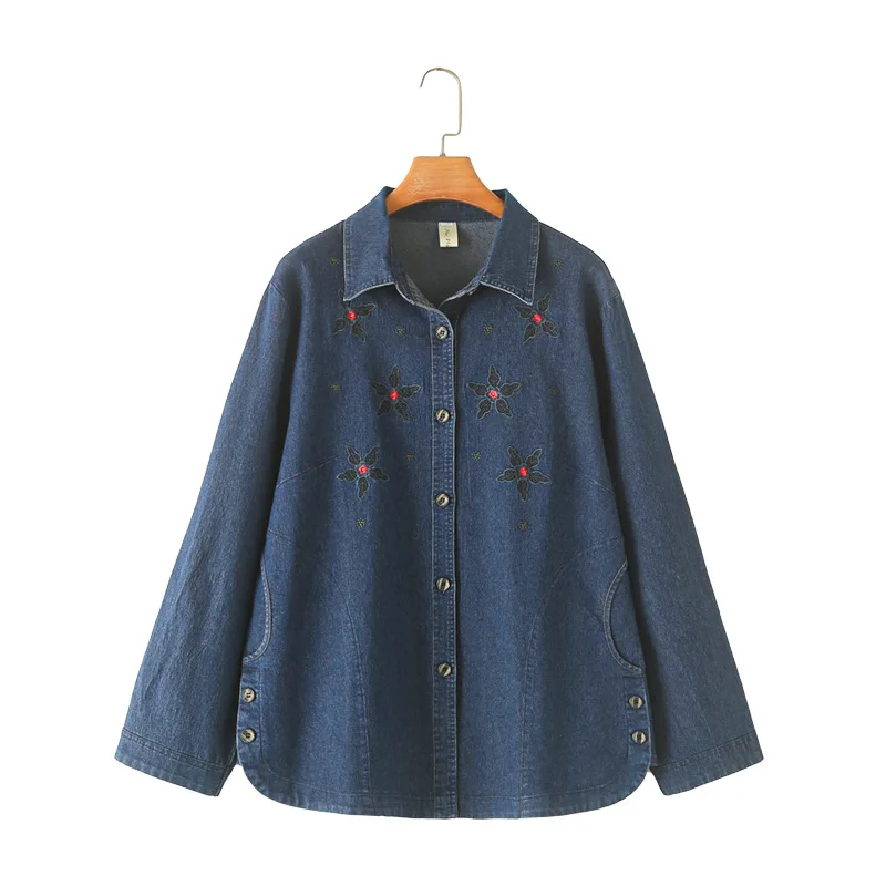 

XL Women's Shirt Spring And Autumn New Loose Denim Five-petal Flower Embroidered Long Sleeve Coat 8932