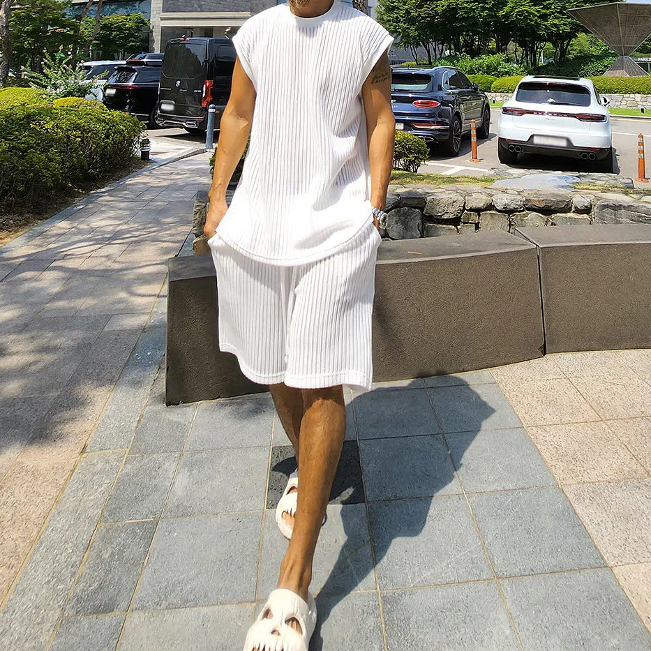 

2026 Summer New Daily Casual Striped Ribbed Two Piece Suits Men Fashion Solid Color Tank Tops And Shorts Knitted Sets Men