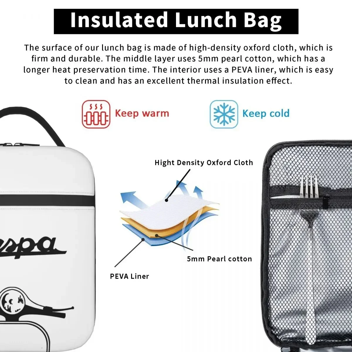 Vespa Piaggio Lunch Bag For Unisex Scooter Mopeds Lunch Box Picnic Portable Zipper Thermal Tote Handbags Oxford Print Cooler Bag